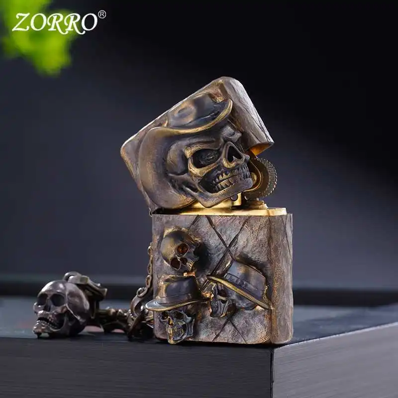 ZORRO Creative Flip Skull Kerosiene Windproof Lighter with Antique Relief Craftsmanship for Men's Collectibles As A Gift