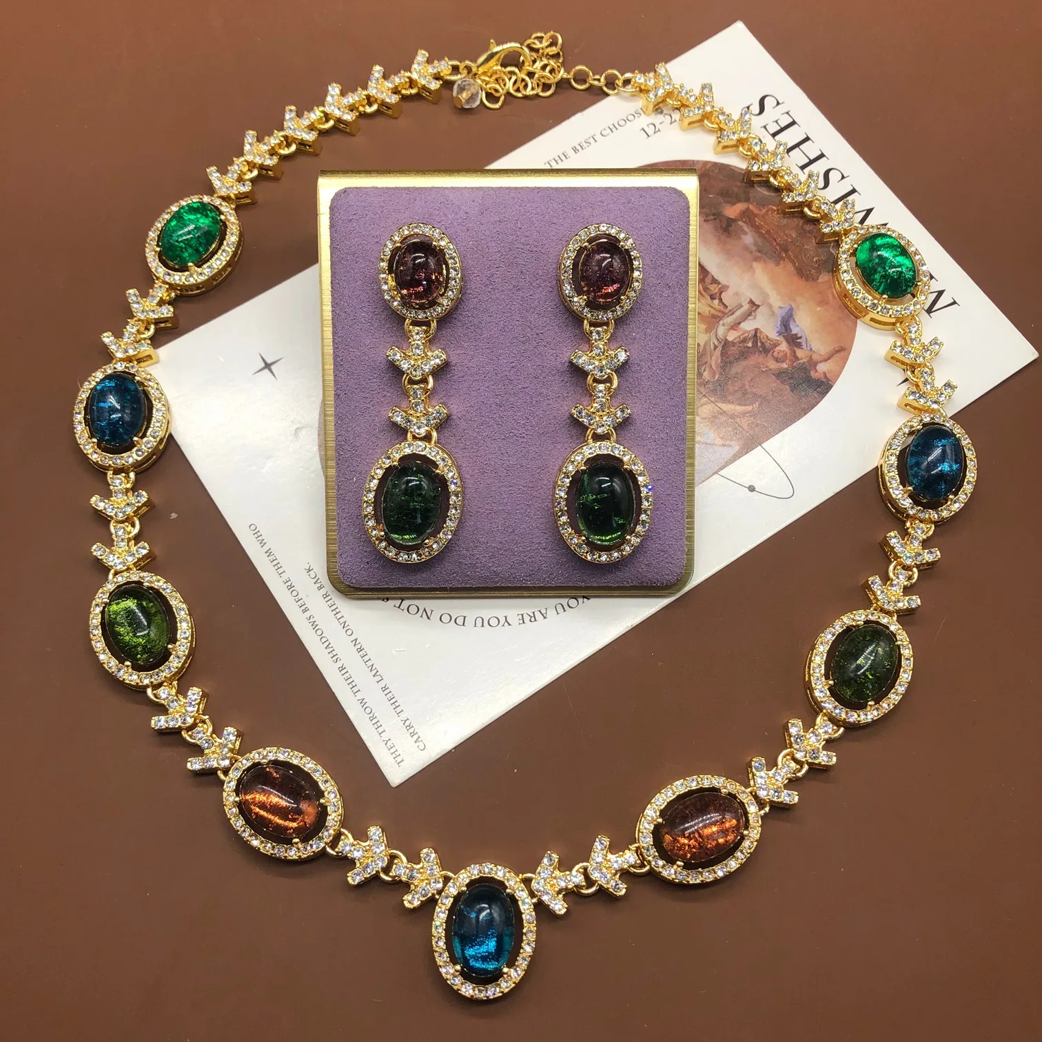 Cracked glass temperament fashionable diamond nice craft necklace stud earrings jewelry set