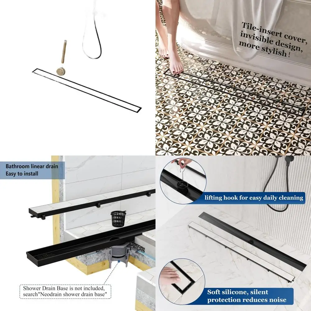 

Линейный слив для душа из матового черного цвета 304, нержавеющая сталь 36, со вставкой для плитки и улавливающим волосы