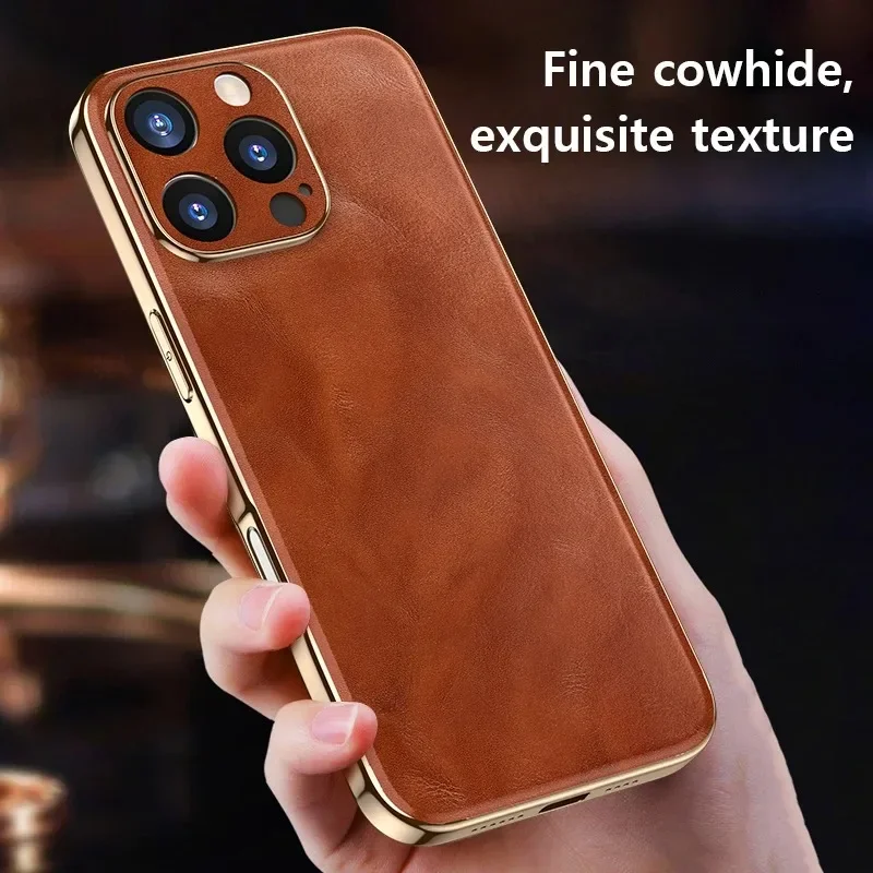 Genuine Oil Wax Leather Phone Case for iPhone 16 ProMax 15 14 13 12 11 Plus Luxury Soft Edges Shockproof Camera Protection Cover