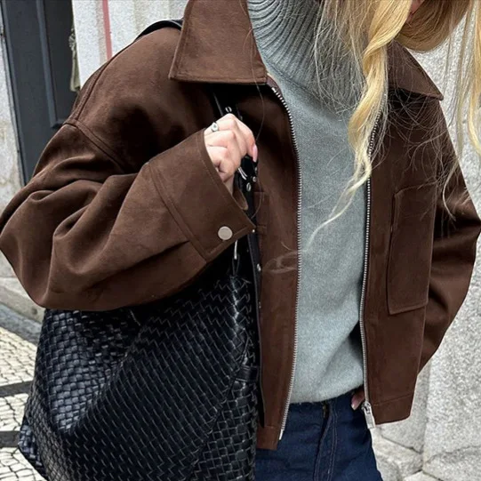 Faux Suede Zip Up Jacket Vintage Loose Fit Turn Down Collar Long Sleeve Pockets Solid Color Commute Winter Warm Outerwear Coat