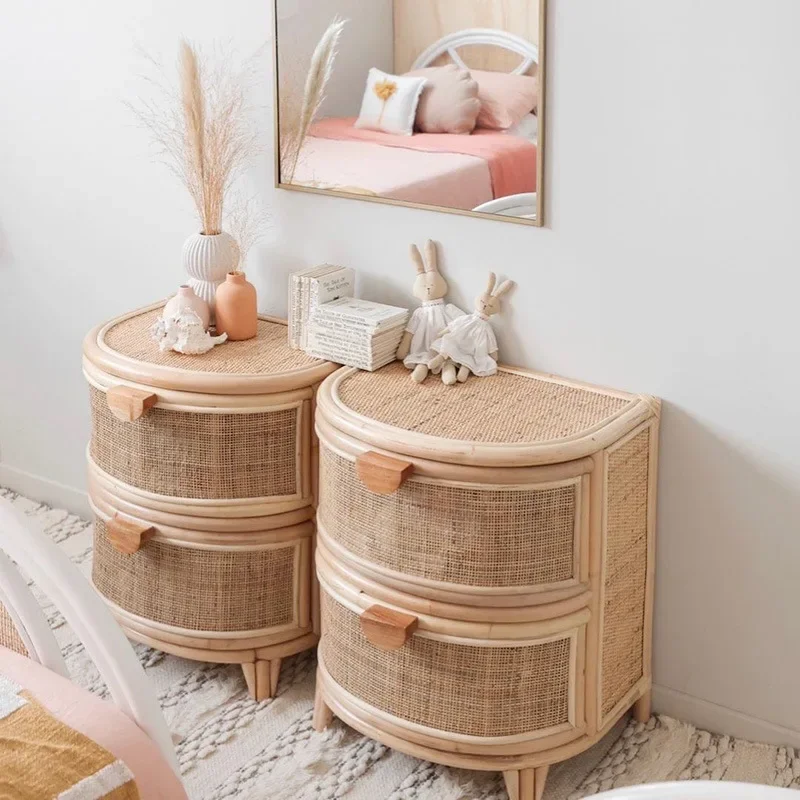 Japanese-style rattan retro simple small side cabinet, mini double-layer storage cabinet by the bed