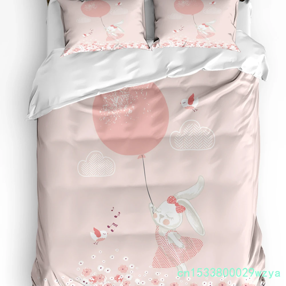 Pink Rabbit Cartoon Flower Bedding Set 3pcs Boys Girls Duvet Cover Pillowcase Kids Adult Quilt Cover Double Bed Set Home Textile