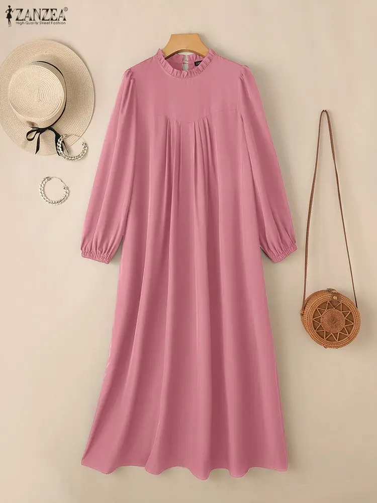 ZANZEA Women Modest Maxi Dresses Casual O-Neck Long Sleeve Solid Color Loose Gathered Long Dresses Muslim Hijabs Woman Clothes