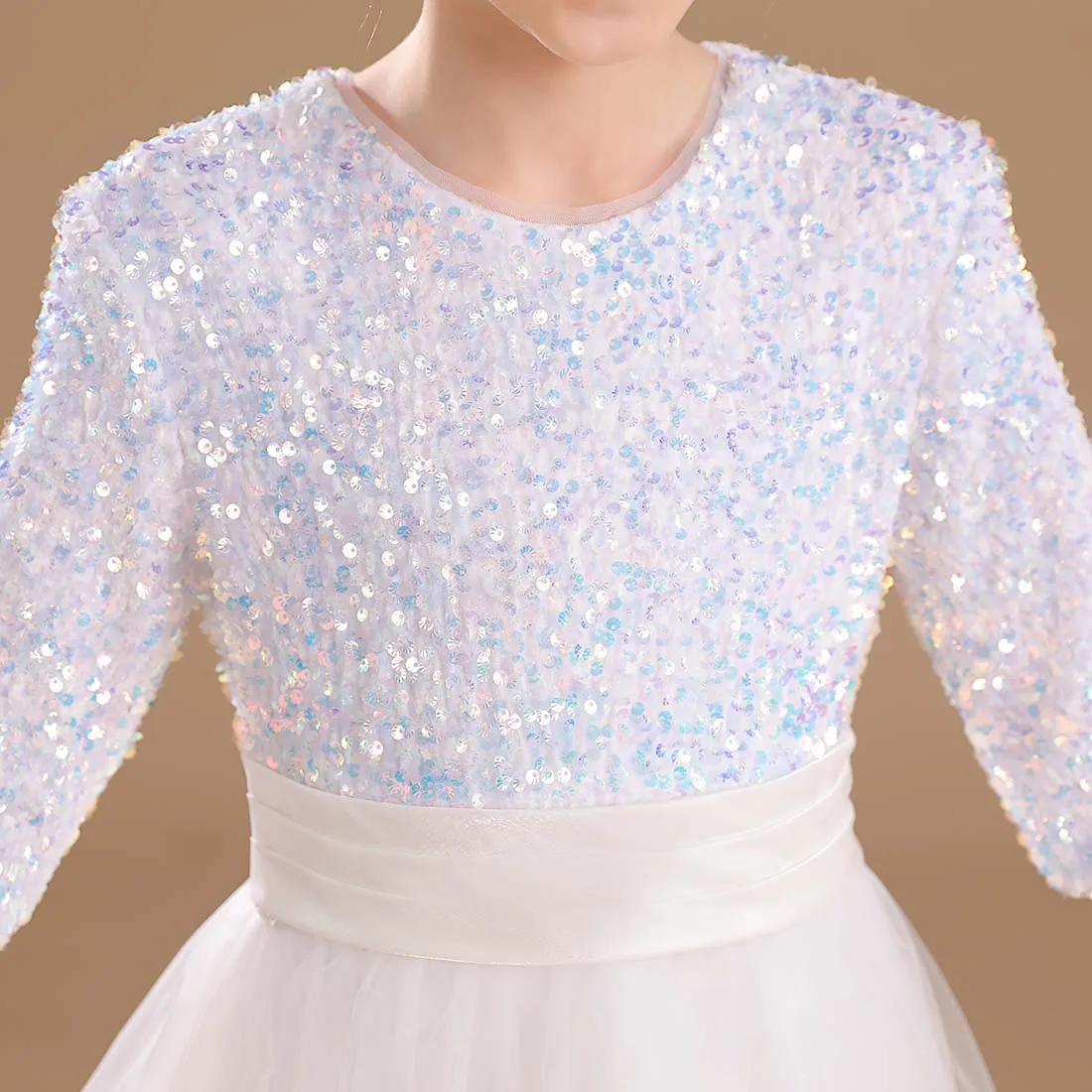 YZYmanualroom Glitter Sequins Long Sleeves Flower Girls Dresses For Wedding Tulle Birthday Party Christmas Dress For Girl