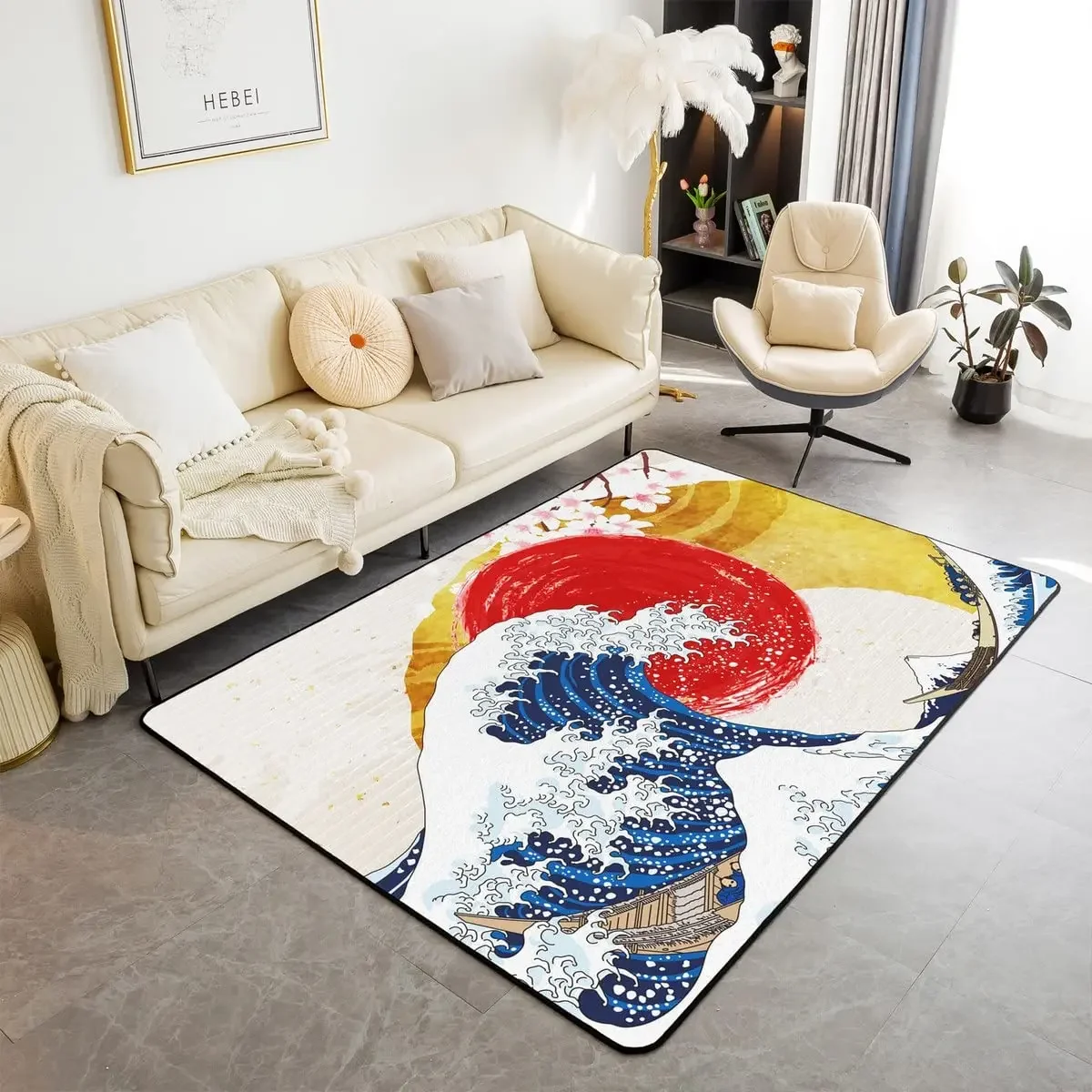 Japanese Ocean Wave Carpet Ukiyo-E Nautical Area Rug Cherry Blossoms Mount Fuji Floor Mat Red Sun Gold Sky Mats Home Doormat