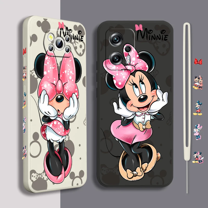

Love Minnie Pink For Xiaomi POCO X5 M5 C40 M4 X4 F4 C40 X3 NFC F3 GT M4 M3 M2 Pro 4G 5G Liquid Left Rope Phone Case Coque Capa