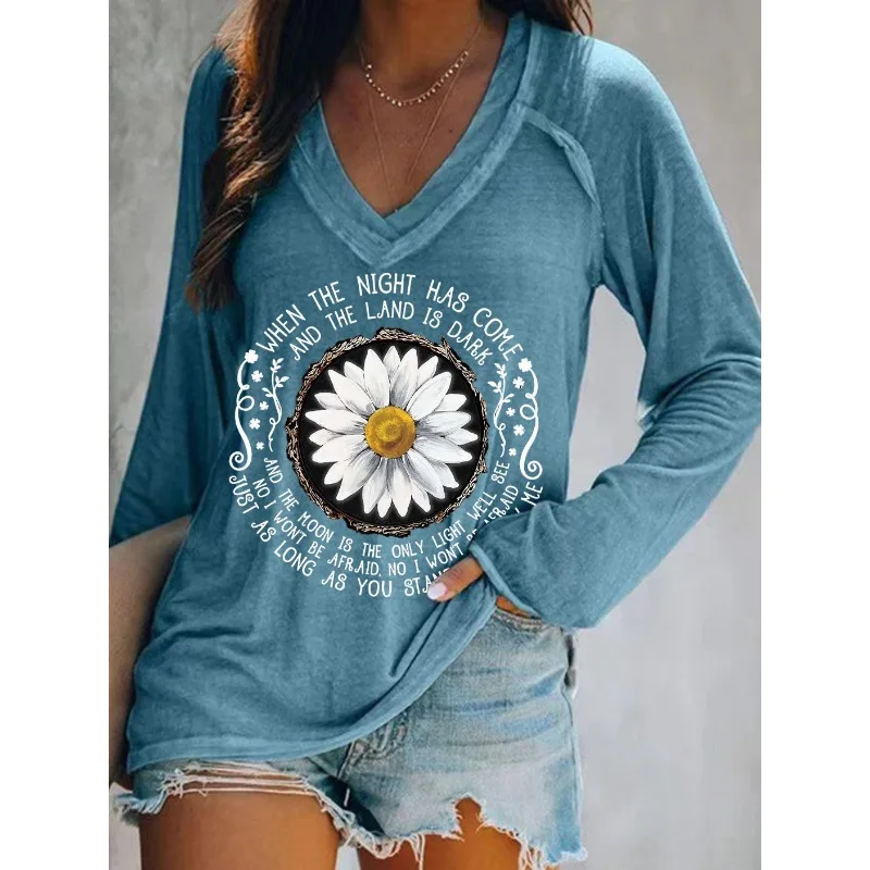 Ilstile Women's Hippie Flower Print T-Shirts Spring Summer Long Sleeve Casual Loose V Neck Tops Blue Green Tees NEW