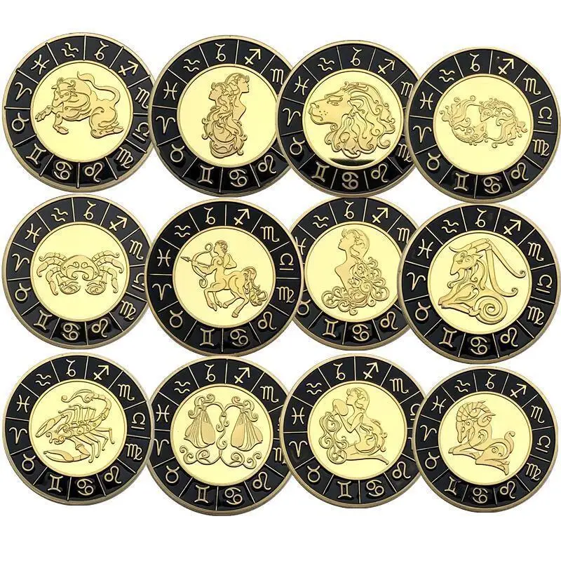 12PCS Twelve Constellation Zodiac Gold plated Commemorative Coins Euro Astrology Lucky Love Souvenir Valentine's Gifts