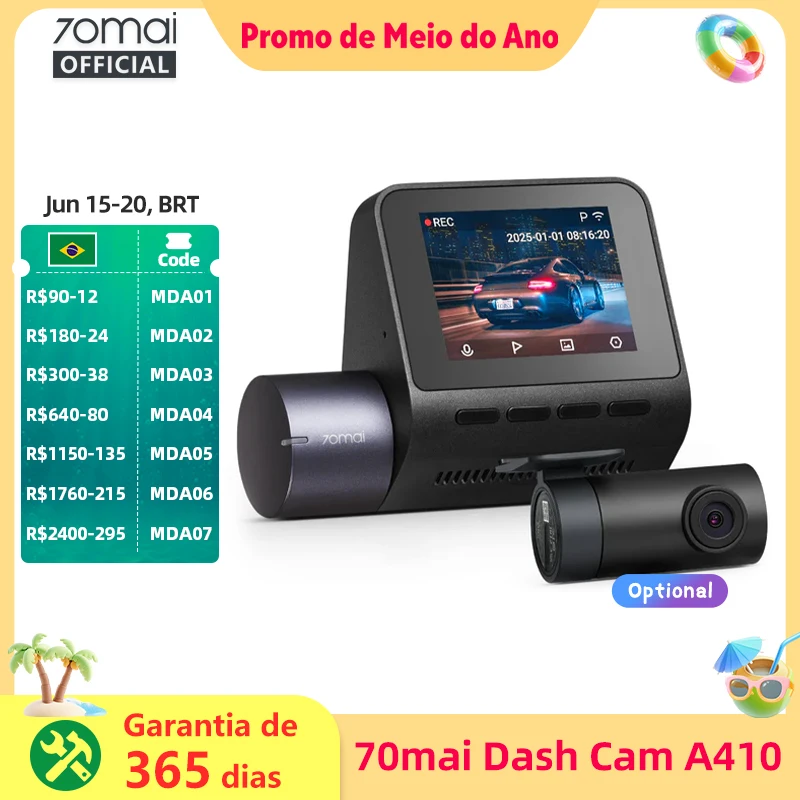 70mai Dash Cam A410 2.5K + 1080P Gravação de canal duplo GPS embutido 24H Vigilância de estacionamento Carro DVR 70mai A410