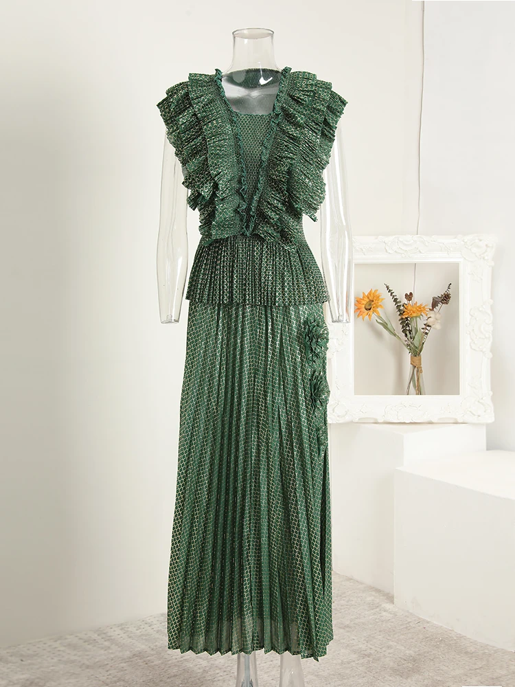 Miyake Celebrity Elegant Double-Layer Lotus Leaf Edge V-Neck Sleeveless Waist Top + High Waist Skinny Split Split Skirt Set