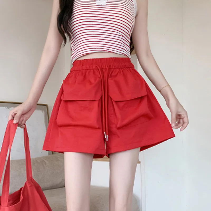 Women High Waist Shorts American Style Streetwear Quick-drying Big Pocket Cargo Shorts Elastic Waist Drawsting Wide-leg Shorts