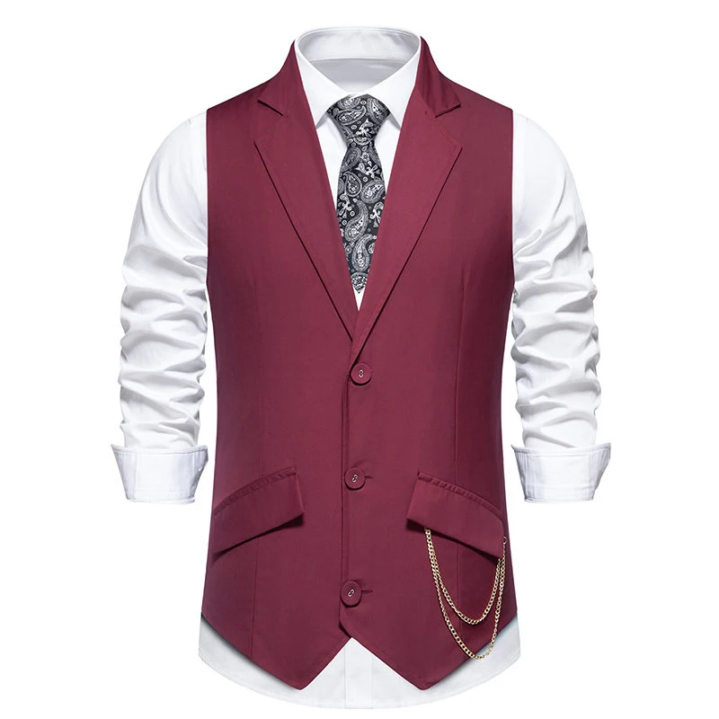 Men\'s Classic Solid Color Slim Vest Business Casual Suit Vest Flip Lapel with Chain Accessories Wedding Banquet Vests