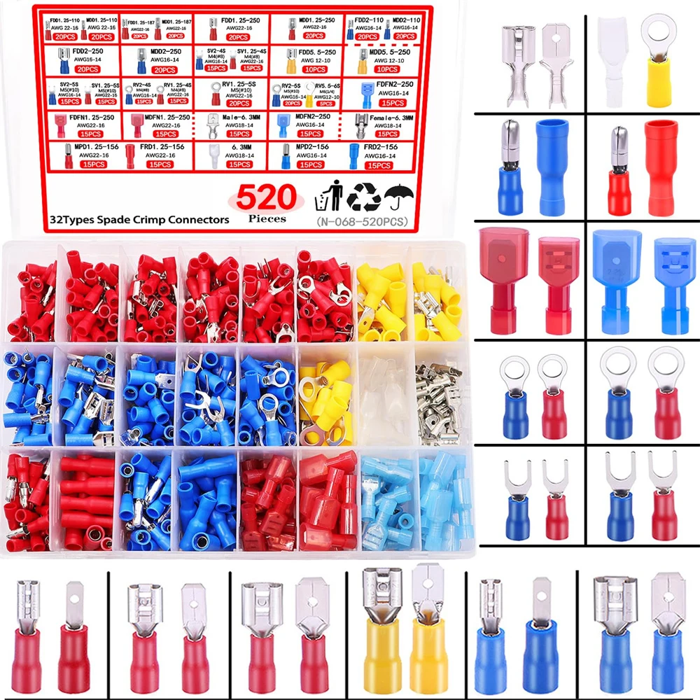 

520PCS 32Types 2.8mm/4.8mm/6.3mm Male Female Connector kit Spade Fork Ring Insulated Wire Crimp Terminal Bullet Wire connector