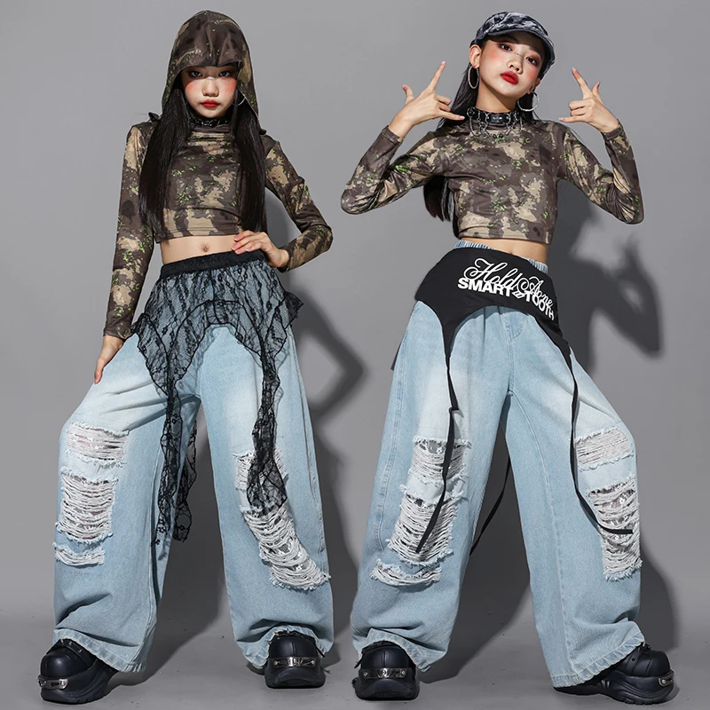 

Наряд для джазовых танцев для девочек, костюм Kpop, камуфляжный топ, джинсовые брюки в стиле хип-хоп, детская одежда для джазовых сцен, уличная одежда AMY2758