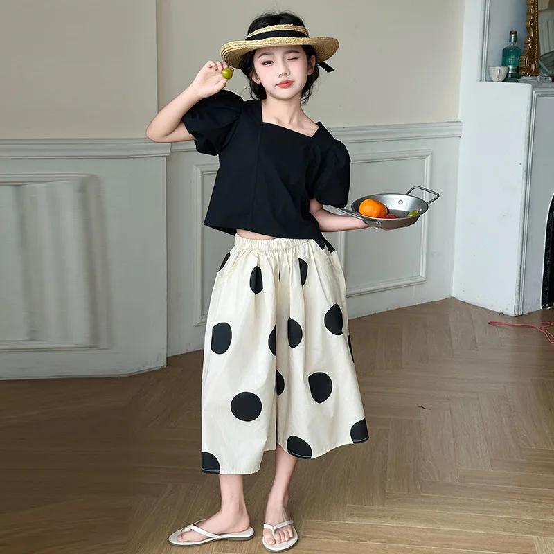 

Girls Fashion Set Summer 2024 New Western style Hepburn style Bubble Sleeve Top Polka Dot Half Skirt Two piece Set