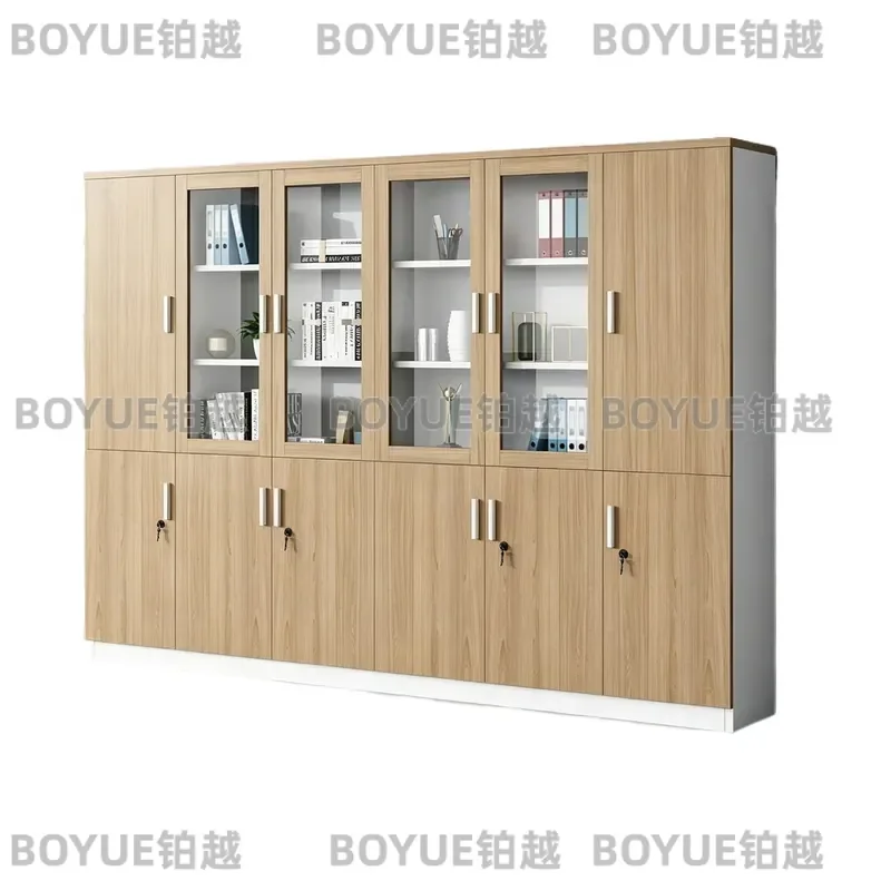 Wooden Office File Cabinet with Lockable Glass Door Floor Standing Storage Locker for Documents and Papers Modern Workspace