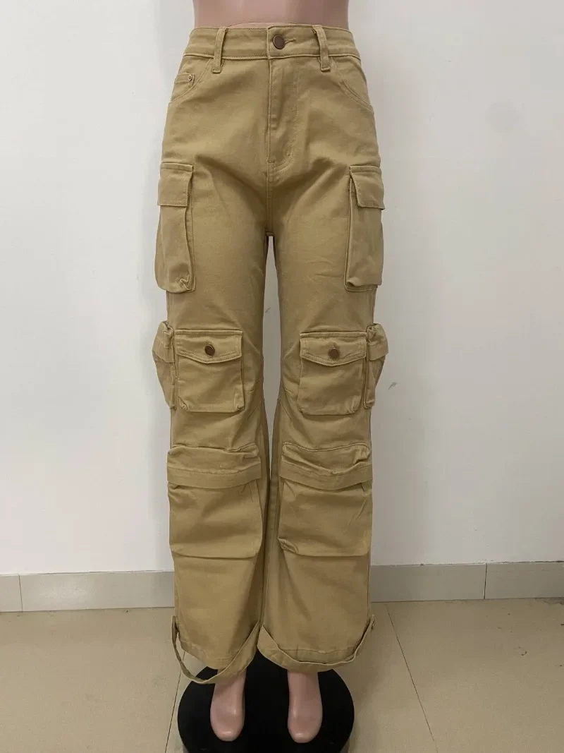 GUWU أزياء المرأة الكاكي الدينيم السراويل واسعة الساق سفاري البضائع الهيب هوب مستقيم الجينز الشارع الشهير