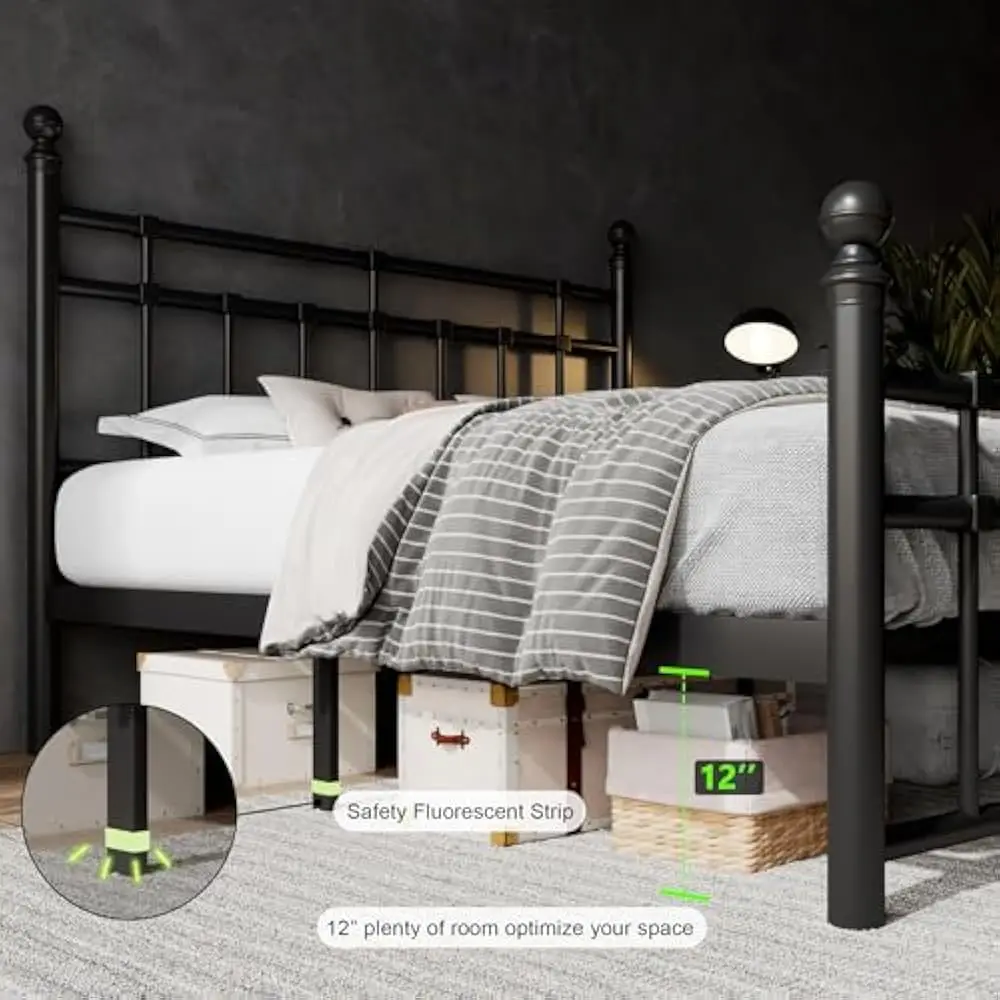 إطار سرير كامل الحجم مع لوح أمامي ولوح قدم كلاسيكي من الحديد، شرائح شديدة التحمل، تخزين تحت السرير مقاس 12 بوصة، لا حاجة إلى صندوق زنبركي #4