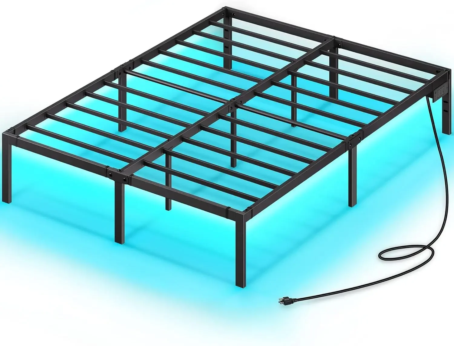 Bed Frame with USB Charging Station, Full Bed Frame with LED Lights, Platform Bed Frame with Heavy Duty Steel Slats, 1