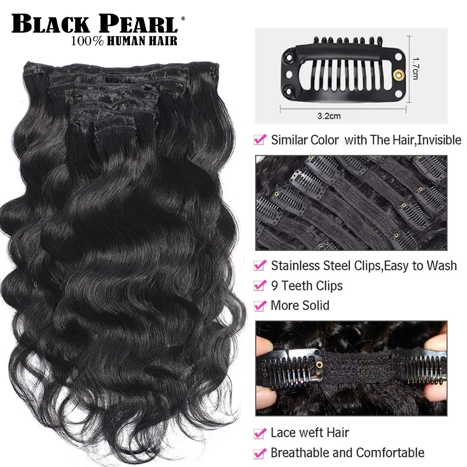 Black Pearl Clip In Human Hair Extensions Body Wave Machine Made Remy Hair 613 Blonde 12inch-20inch Natural 7pcs Set Sale