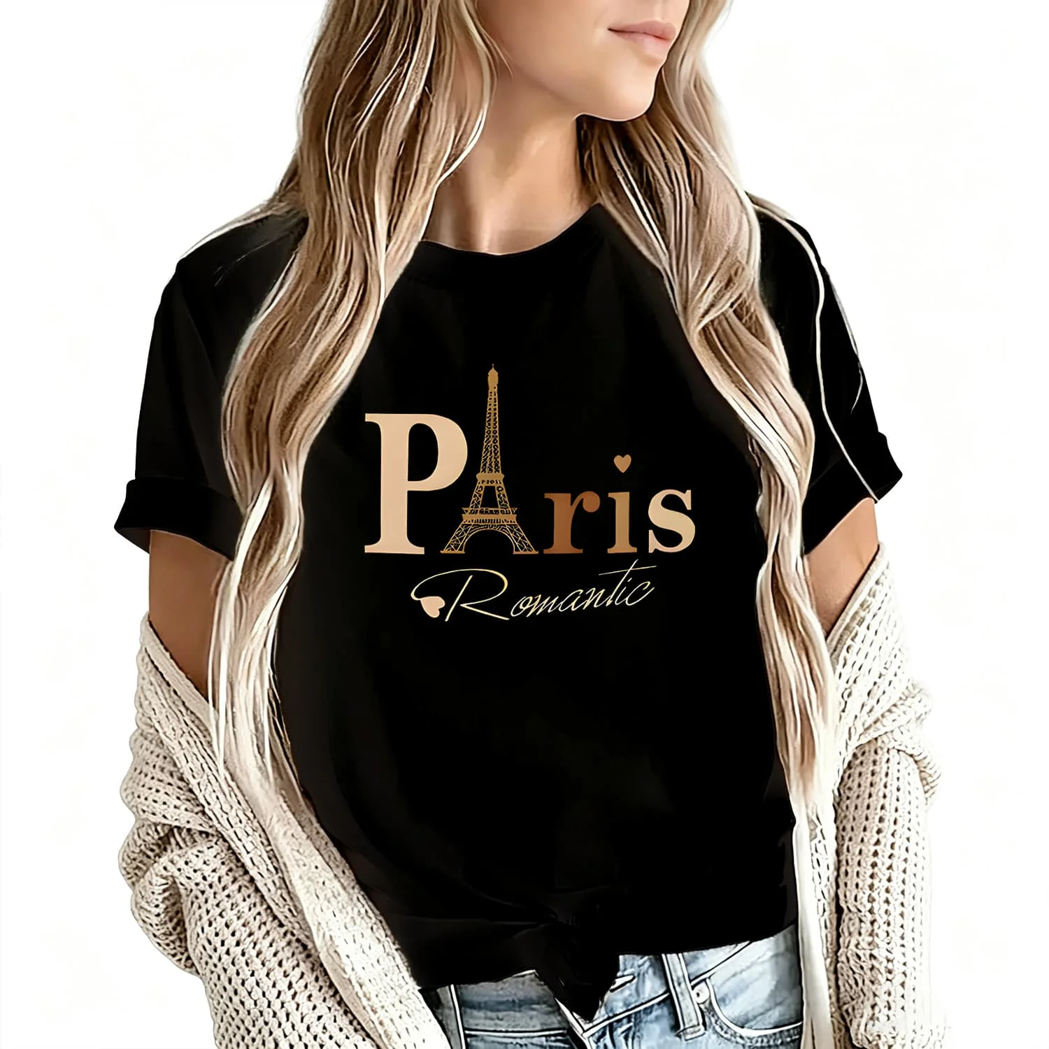 Paris Romantic Women's T-Shirt 100% Cotton Funny Graphic Short Sleeve Tee Novelty Shirt Casual Crew Neck Top S-5Xl