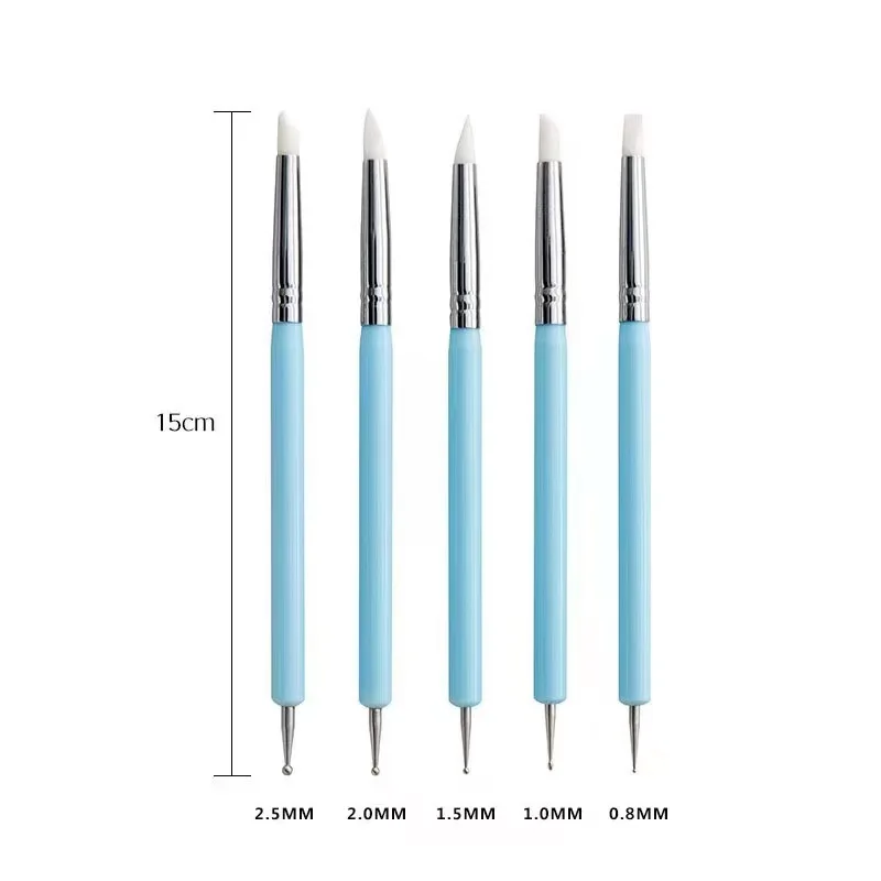 5Pcs/set Double-End Nail Art Dotting Tool Clay Sculpting Pen Brush set Silicone Head Carving Pen Flower Drawing Nail Art Tools