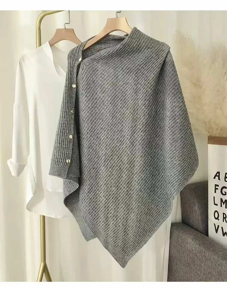 

Warm Knitted Plain Color Scarf Thick Single Breasted Wool Hot sale Shawl Wrap Women Cape Open Side Woven Cardigan Poncho Stole