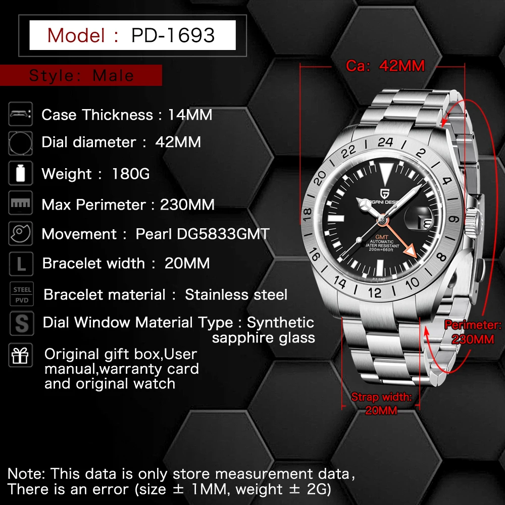 2024 PAGANI DESIGN 42mm GMT Men\'s Automatic Mechanical Watch Sapphire Stainless Steel Waterproof Chronograph Relogio Masculino