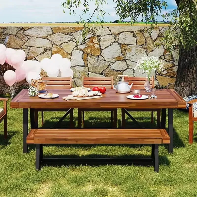 Modern Acacia Wood Outdoor Dining Set for 8 People Durable Patio Table and Chairs with Removable Cushions Ergonomic Thickened