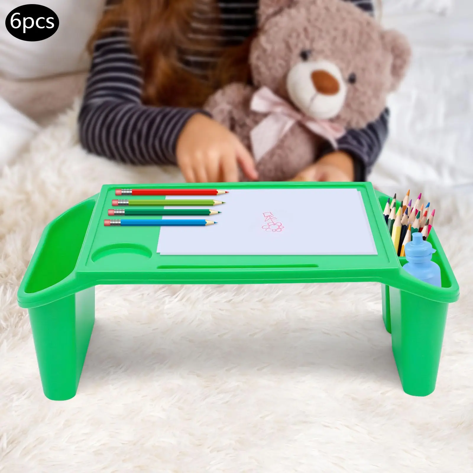 6 Portable Lap Kids Desk, Pack Lap Desk Tray with Storage Slots, Activity Tray, Drawing, Stackable, Writing, Eating, Classroom, 19