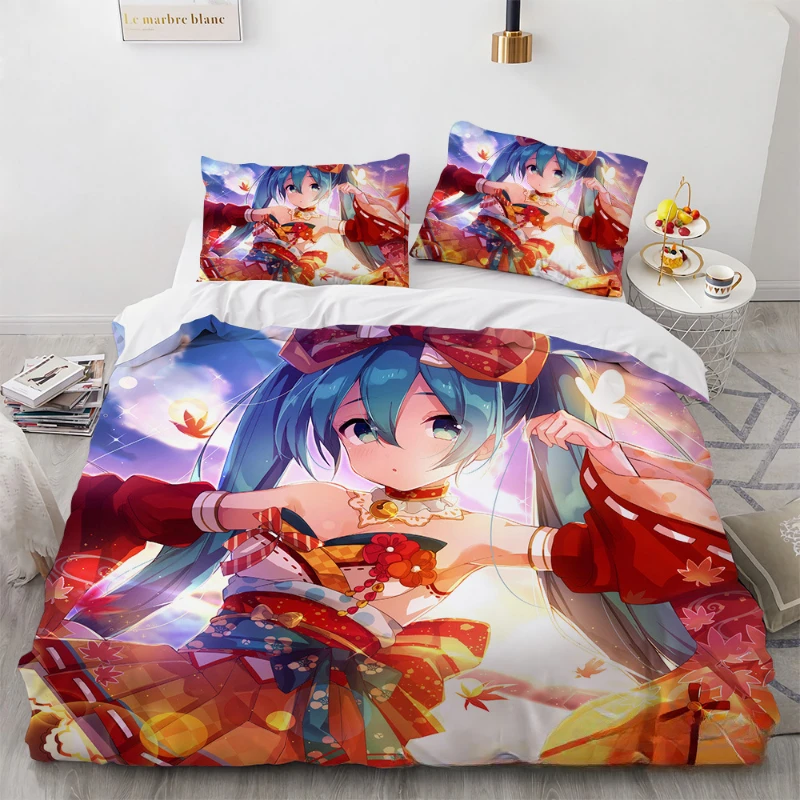 Anime Hatsune Miku Bedding Set Kawaii Quilt Cover Pillowcase Harajuku Bed Bedroom Duvet Cover Decor Beddings Suit Kids Gift