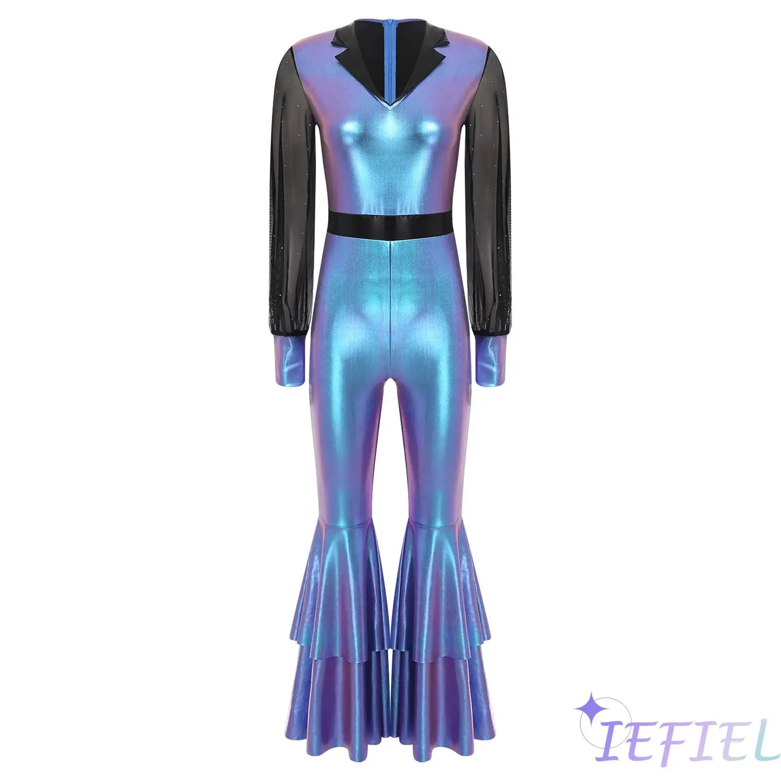 

Womens 70s Disco Dance Rompers Shiny Mesh Long Sleeve Tiered Bottom Flared Long Pants Metallic Shiny Jazz Jumpsuit Dancewear