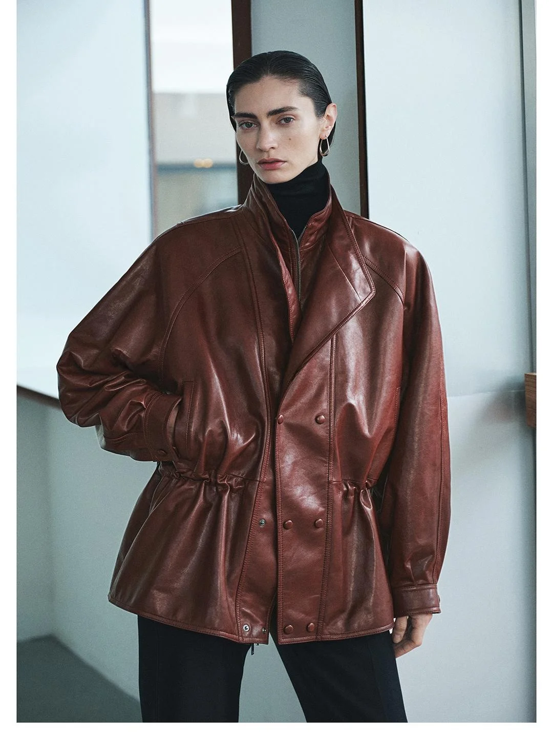 Cera ad olio leggero Pelle di agnello Colletto a doppio strato Vita con coulisse Lunghezza midi Cappotto Jaet da donna Sle Pendolarismo Vestibilità ampia Manica lunga...