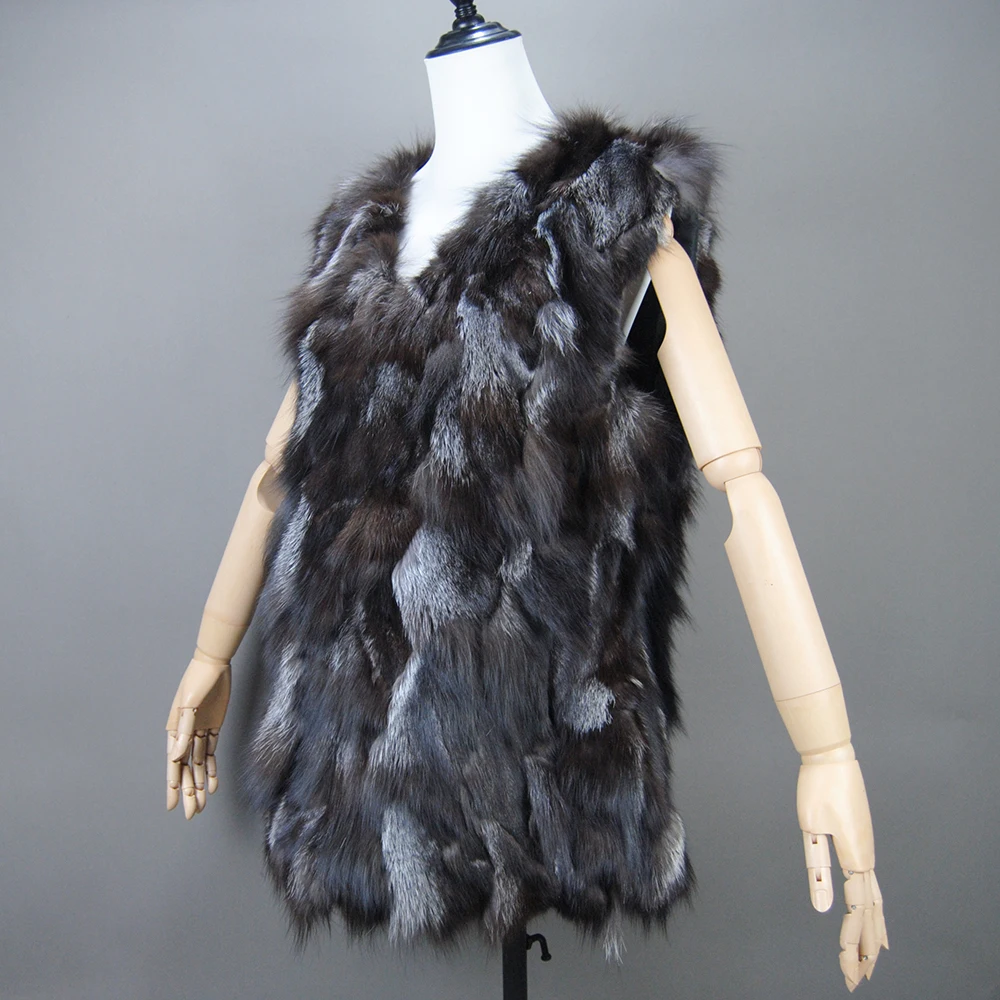 New Women Autumn Winter Long Style 100% Genuine Real Sliver Fox Fur Vest Natural Fox Fur Sleeveless Coat Lady Real Fox Fur Gilet