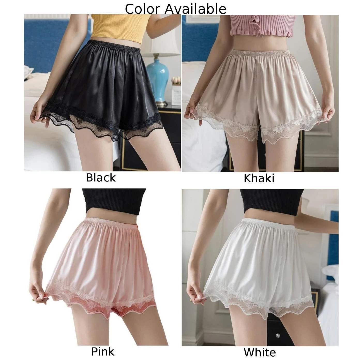 سراويل قصيرة للسلامة من الساتان للنساء ، ملابس داخلية للنوم في المنزل ، دانتيل أنيق ، سيدة أنثوية