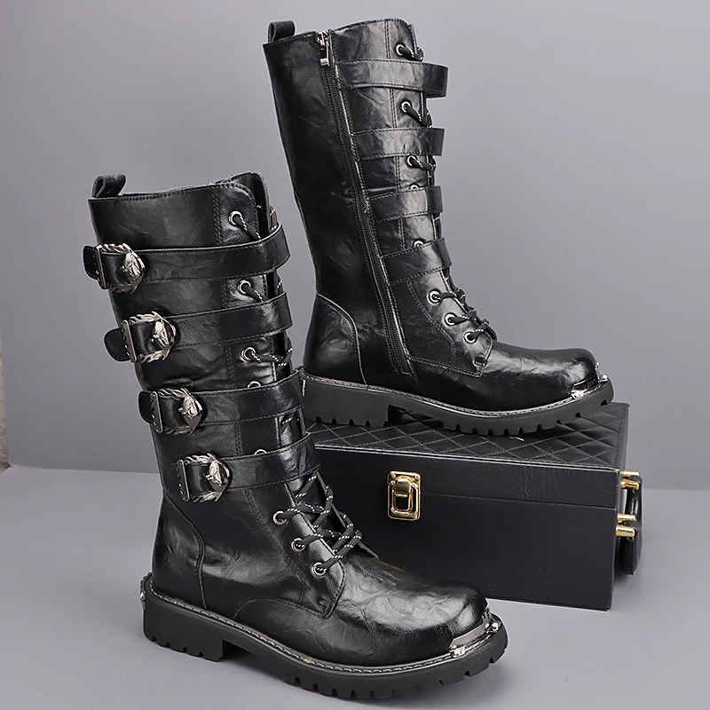 

Мужские модные высокие рыцарские сапоги в английском стиле, черные, коричневые дизайнерские туфли, сценические ковбойские мотоциклетные ботинки из натуральной кожи для косплея