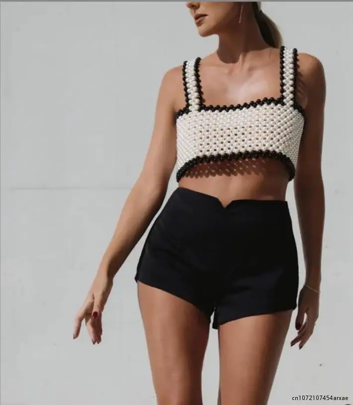 

Sexy Black Crochet Pearls Straps Crop Tops for Women Trendy Boho Sleeveless Tanks Bralette Party Festivals Vest Short Shirt