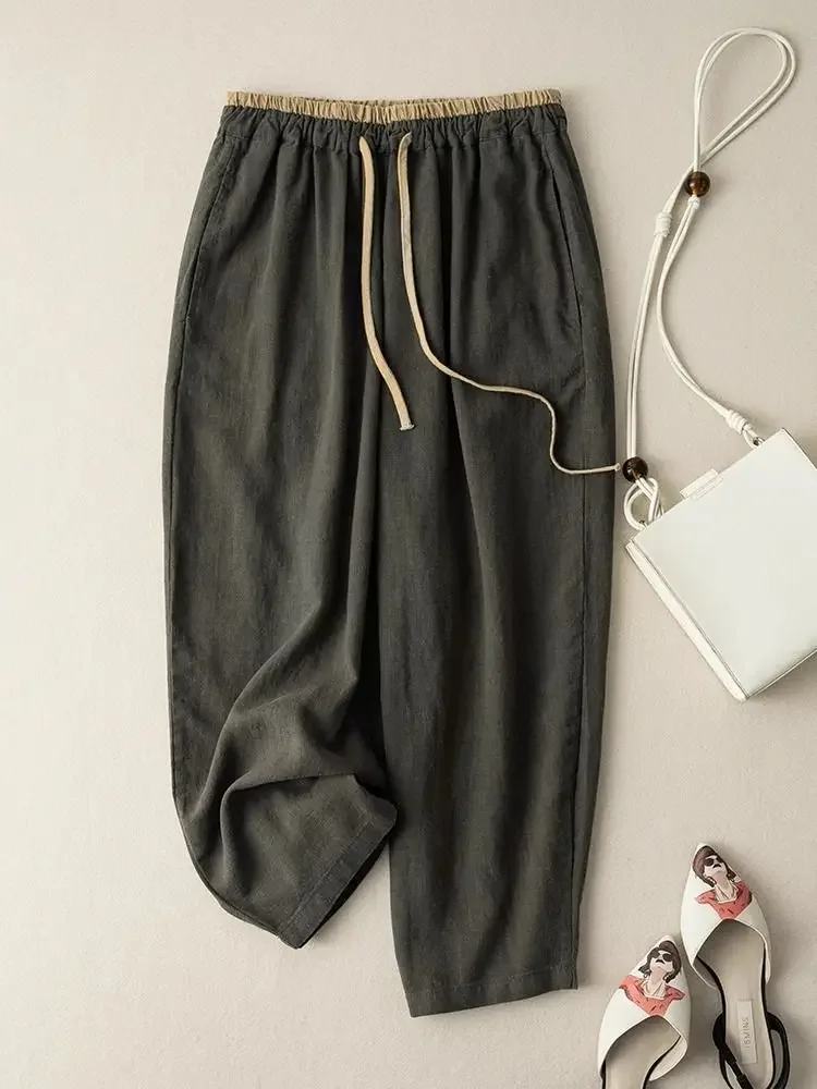 Summer Retro Cotton Linen Loose Harem Pants Elastic Drawstring Waist Casual Pants Basic Versatility Wide-leg Ankle-Length Pants