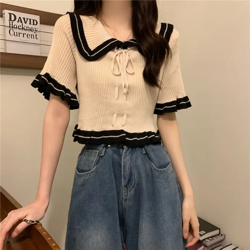 Short-sleeved T-shirts Women Summer French Style Ruffles Peter Pan Collar Bow Lace-up Office Lady Daily Basics Short Tops Female