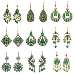 Ethnic Style Green Rhinestone Water Drop Earrings for Women Retro Gold Color Geometric Dangle Earrings Pendientes Mujer Boho