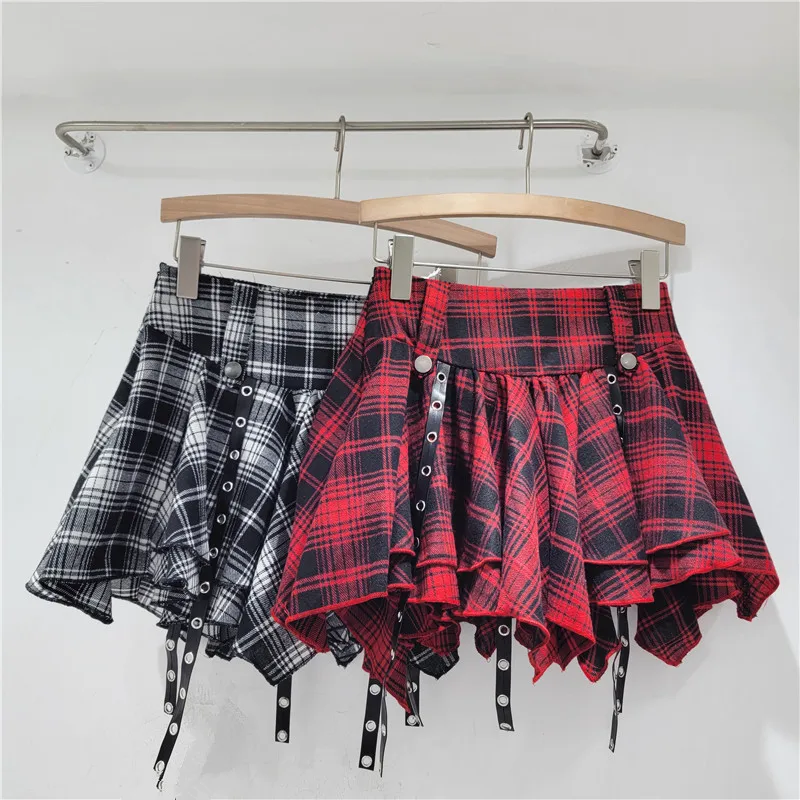 

Irregular Red Black Plaid Print Pleated Mini Skirt Gothic Harajuku Y2K 90s A Line Korean Style Kpop Kawaii High Waist Skirts