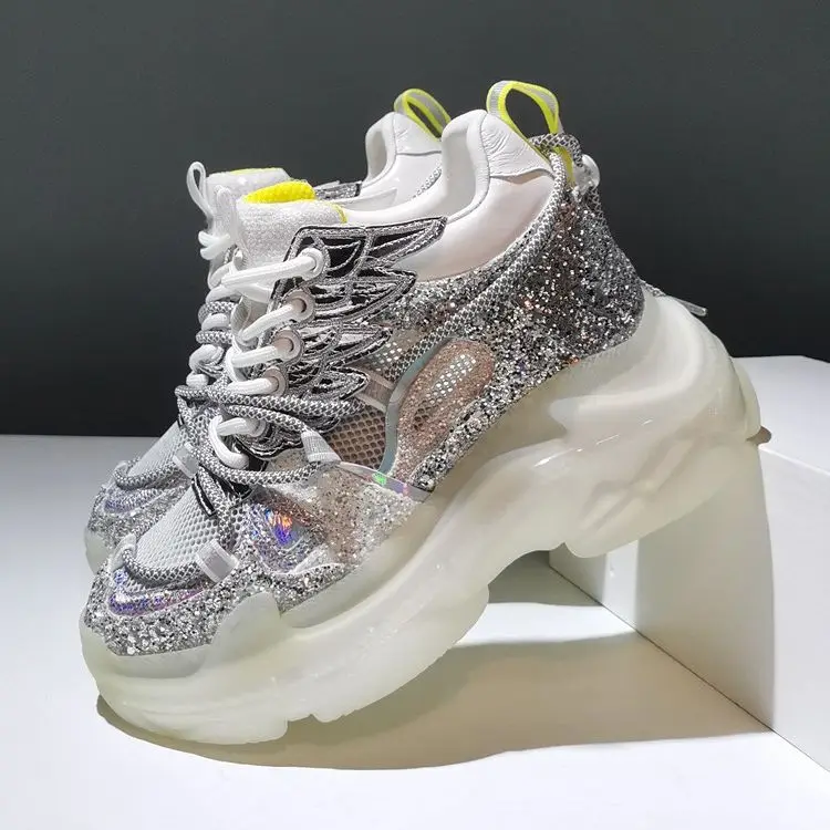 

Summer Women High Platforms Mesh Sneakers Sequin Casual Lady Thick Soled Chunky Shoes Fashion Lace-Up Height Increasing Wings