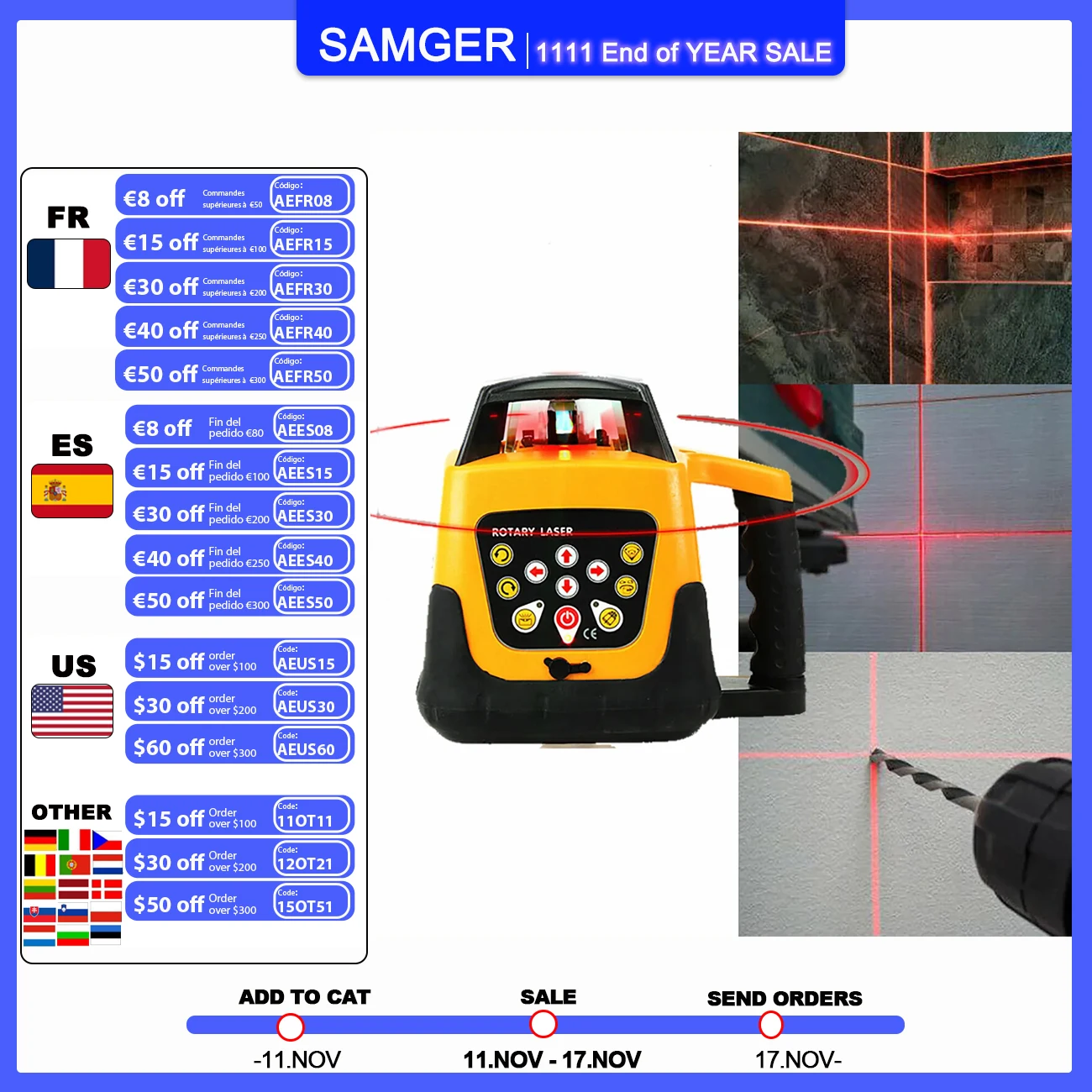 samger-セルフレベリング赤色レーザーレベル360度範囲500m水平および垂直クロスライン強力な測定ツール