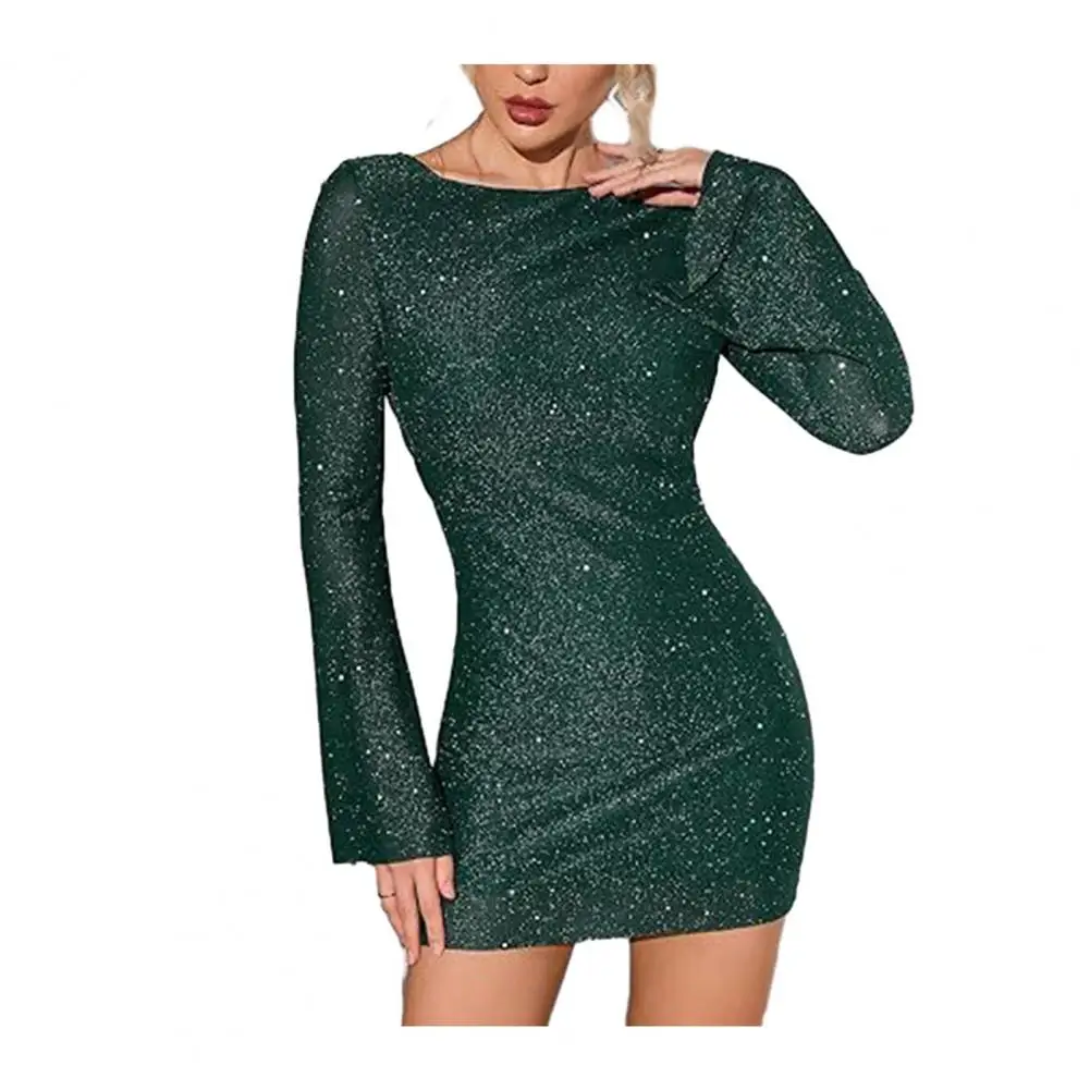 

Party Dress Shiny Sequin Long Horn Sleeve Lace Up Backless Slim Fit Round Neck Soft Sheath Above Knee Length Mini Dress