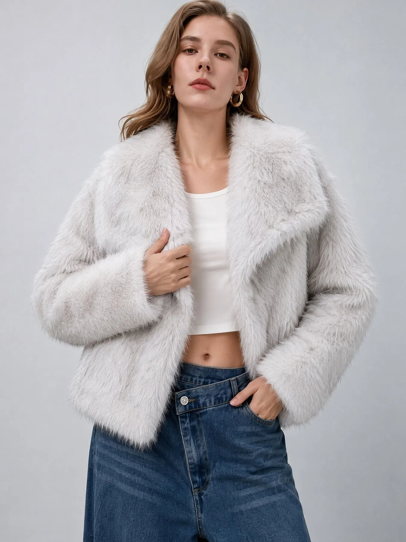 HH Womens Pockets Long Sleeves Jacket Fashion Party Faux Fur Cropped Outerwear Causal Winter Vacation Lapel Single Breasted Coat