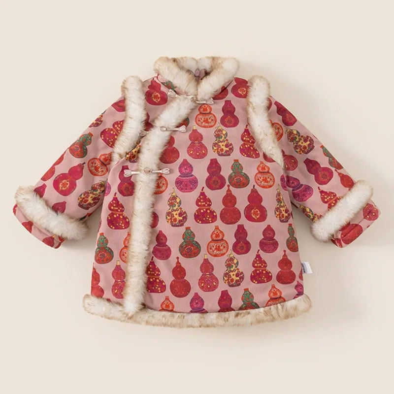 

2026 Winter Chinese New Year Dress Girl Cartoon Cute Print Fleece Warm Thick Red Baby Luxury Dresses Boutique Kids Clothing B355