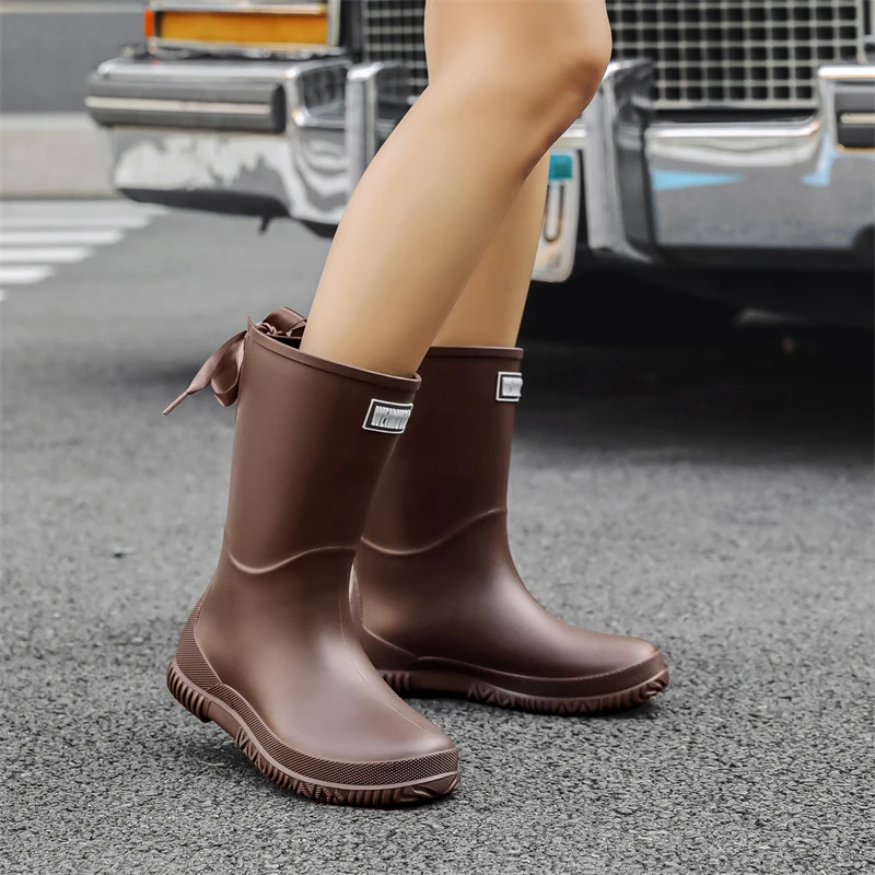 

Faionable женские резиновые сапоги до середины икры, водонепроницаемые, нескользящие, на подкладке, на открытом воздухе, для ношения, PVC oes Warm Water oes