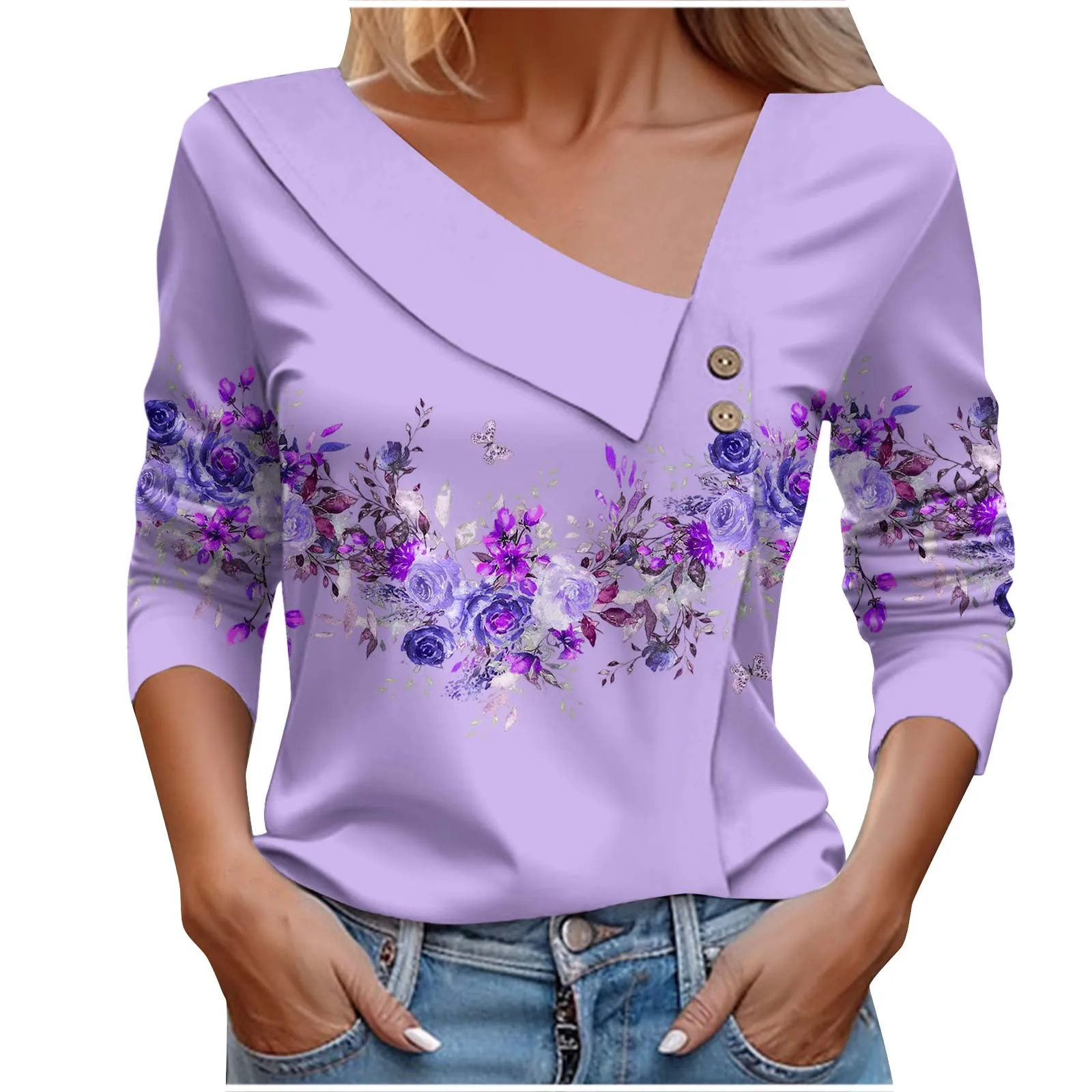 Blusa holgada informal con estampado para Mujer, Top con cuello en V, manga 7/4, elegante, Verano 2023