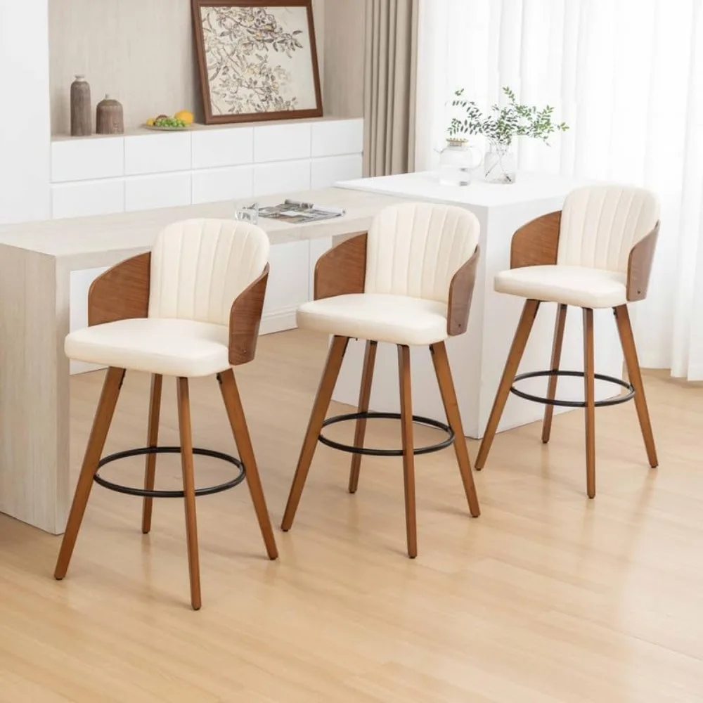 Bartools Juego de 2, Taburetes para mostrador de mediados de siglo de 26 pulgadas con respaldo y brazos de nogal, asiento tapizado para cocina Isla